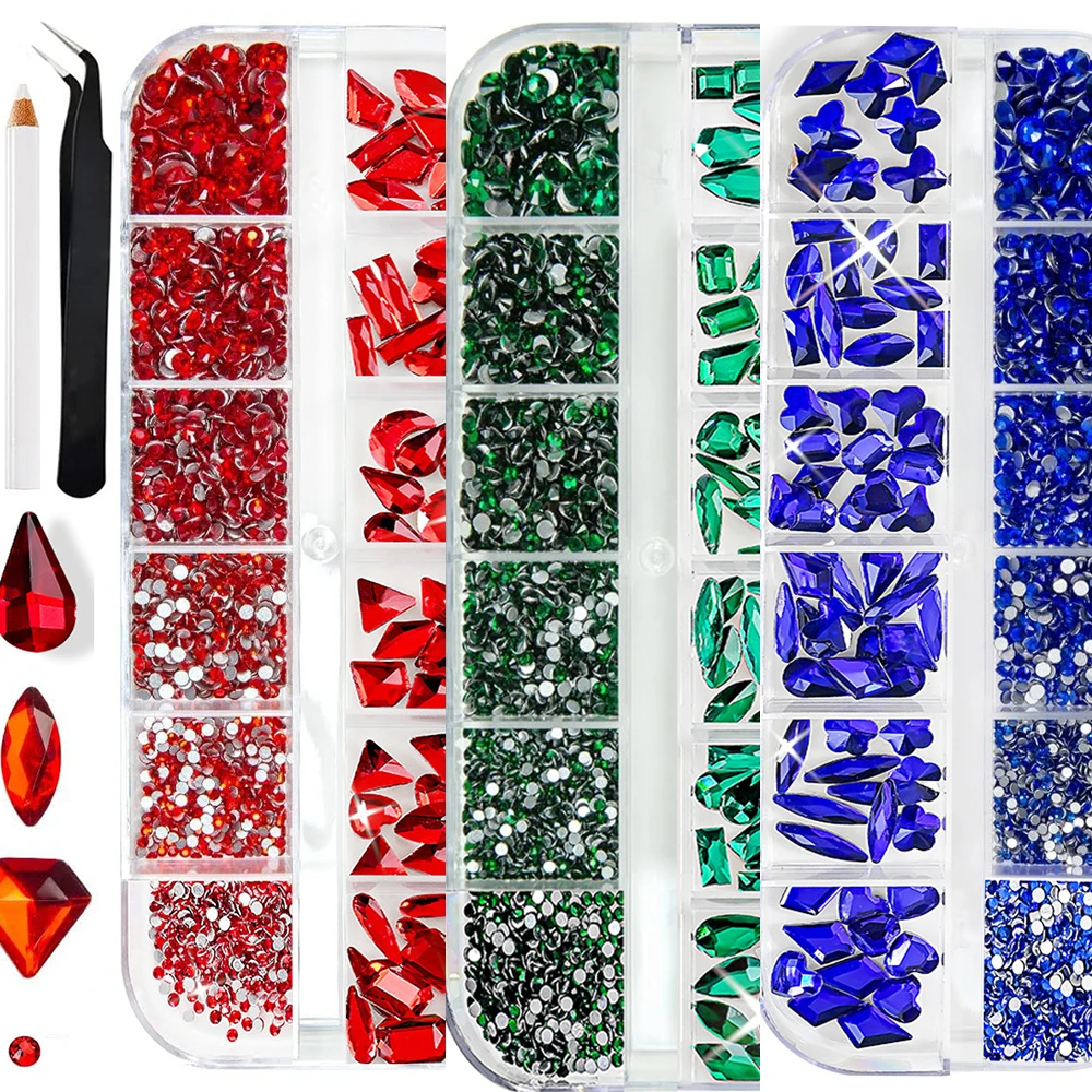 12グリッド赤青緑クリスタルラインストーンネイルチャームフラットバックダイヤモンドガラスストーンジェム、ピックアップペンピンセット付きマニキュアデコレーション