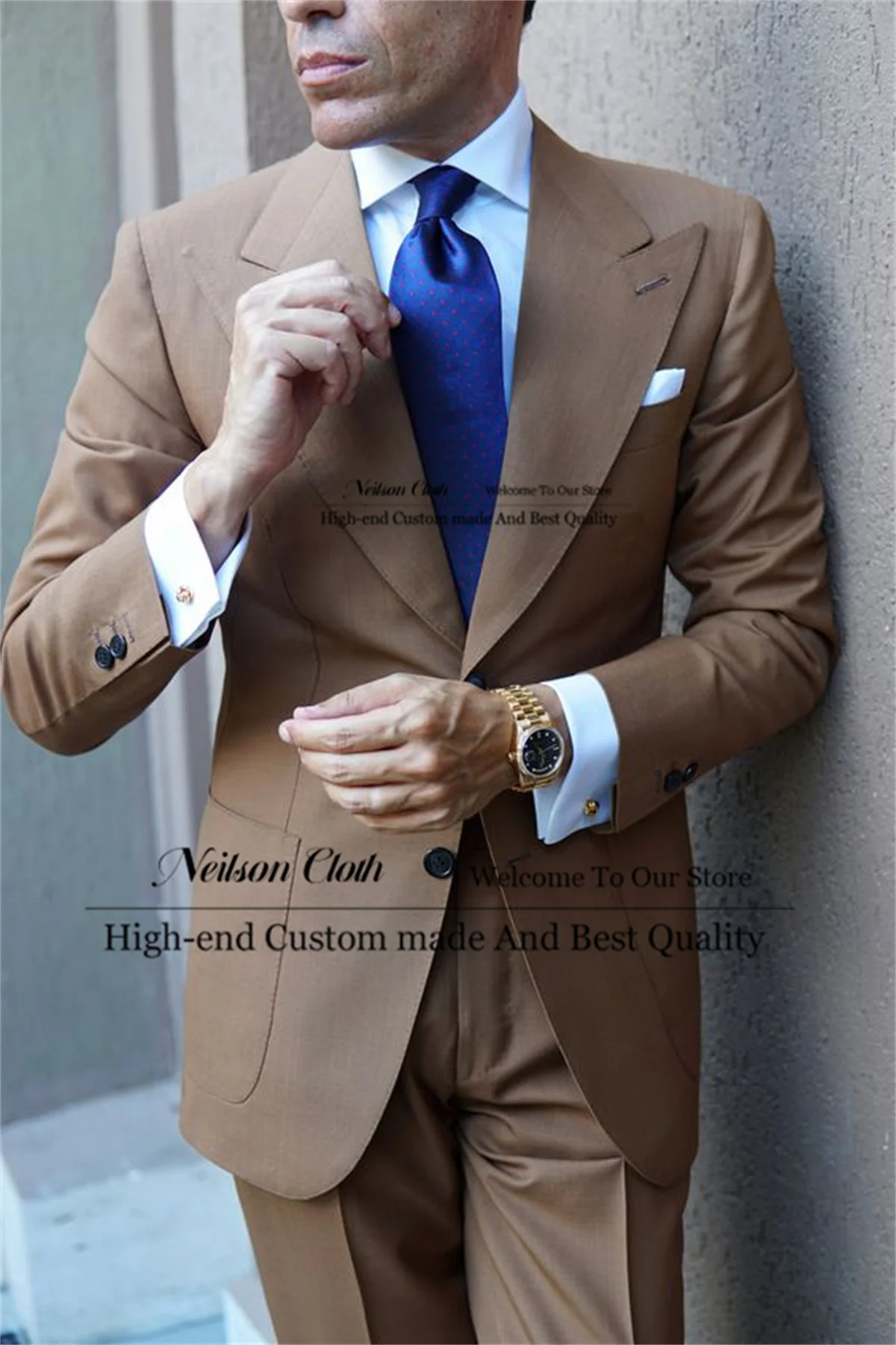 

Brown Single Breasted Male Prom Blazers 2 Pieces Sets Peaked Lapel Groom Wedding Tuxedos Slim Fit Groomsmen Costume Homme