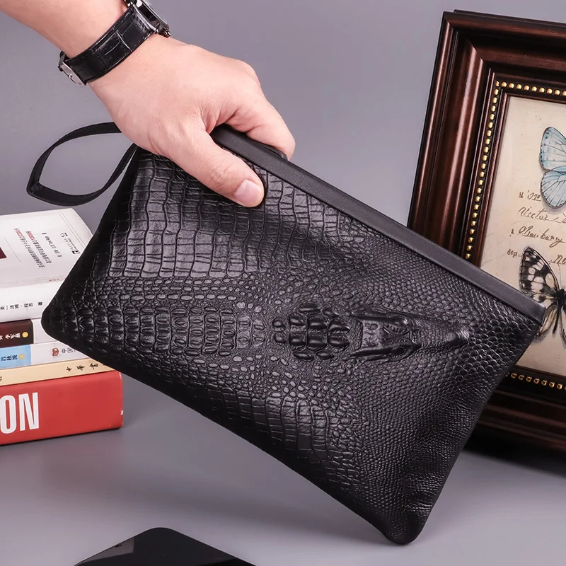Genuine Top Layer Cowhide Handbag for Men Crocodile Pattern Envelope Sle Luxury Leather Bag Soft Casual Handheld Bag