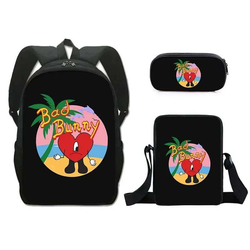 3D Print School Bags para Laptop, Mochila Daypack, Inclinado Bolsa de Ombro, Lápis Case, Harajuku, un Verano, Bad Bunny, 3pcs