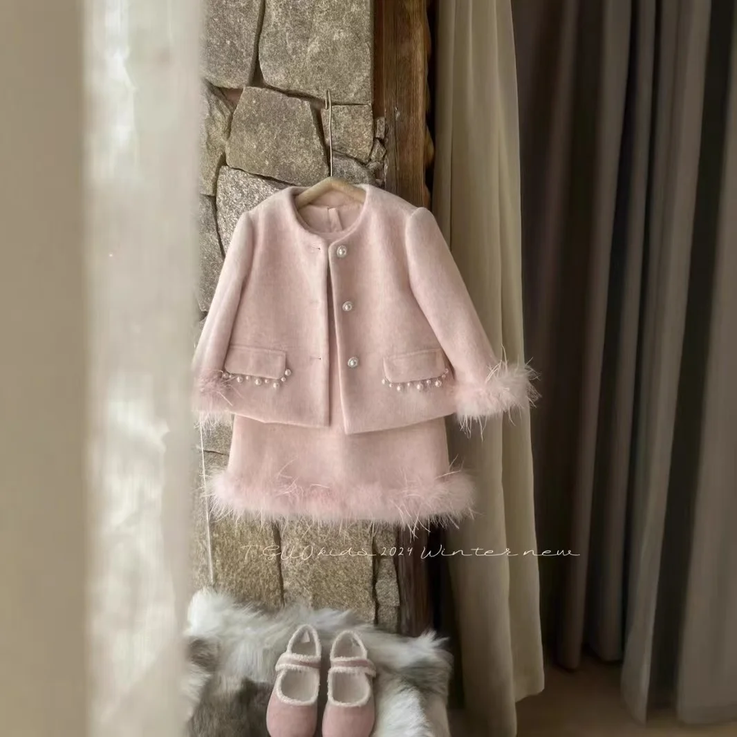 Kids Girls' Small Fragrant Dress Set 2025 Autumn and Winter New Children's Christmas and New Year With A Small Coat Vest Skirt