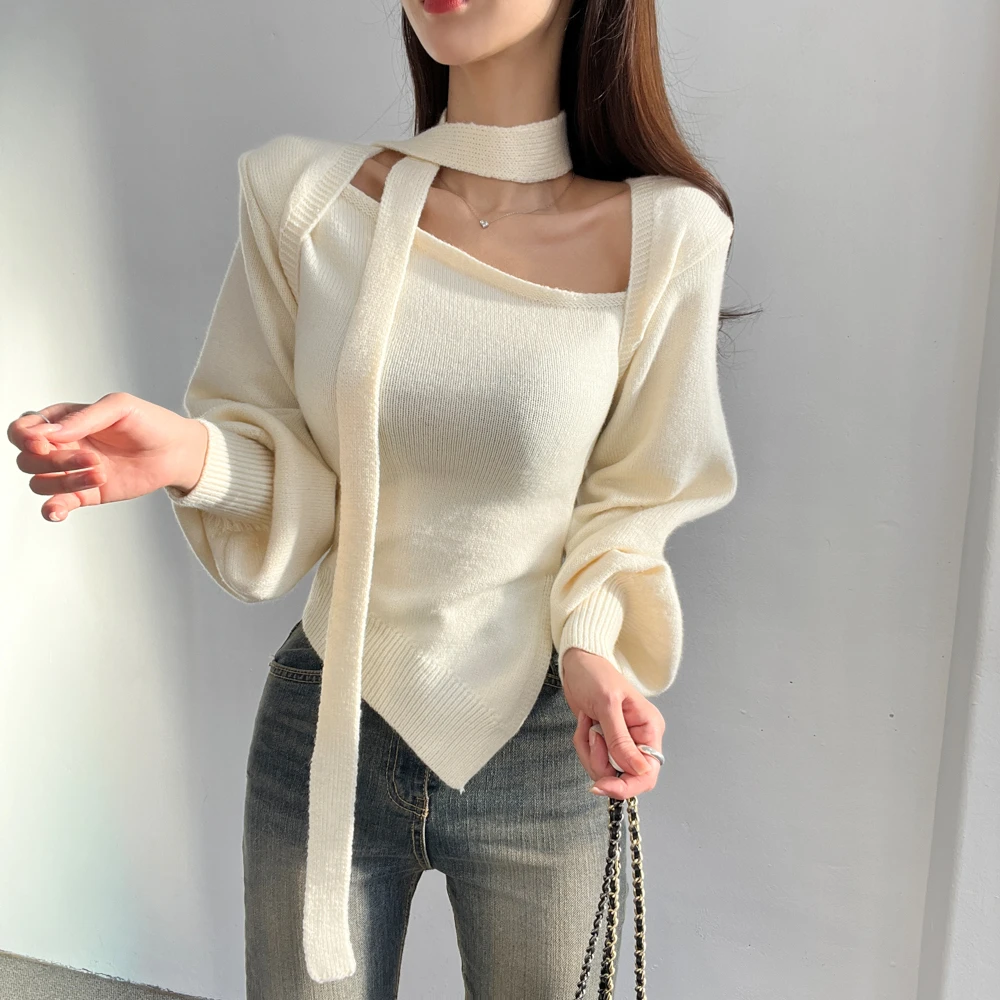 Slimming Effect Knitted Sweater Women's Hanging Neck Sash Hollow out Oblique Collar Slim Fit Korean Style Online Exclusive