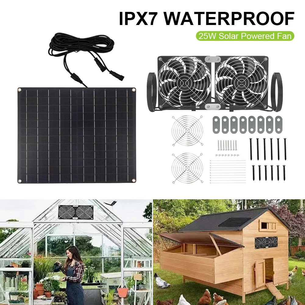 

Solar PV with 2 IPX7 Waterproof Fans 25W 12V Solar Exhaust Fan Ventilator Multi-purpose