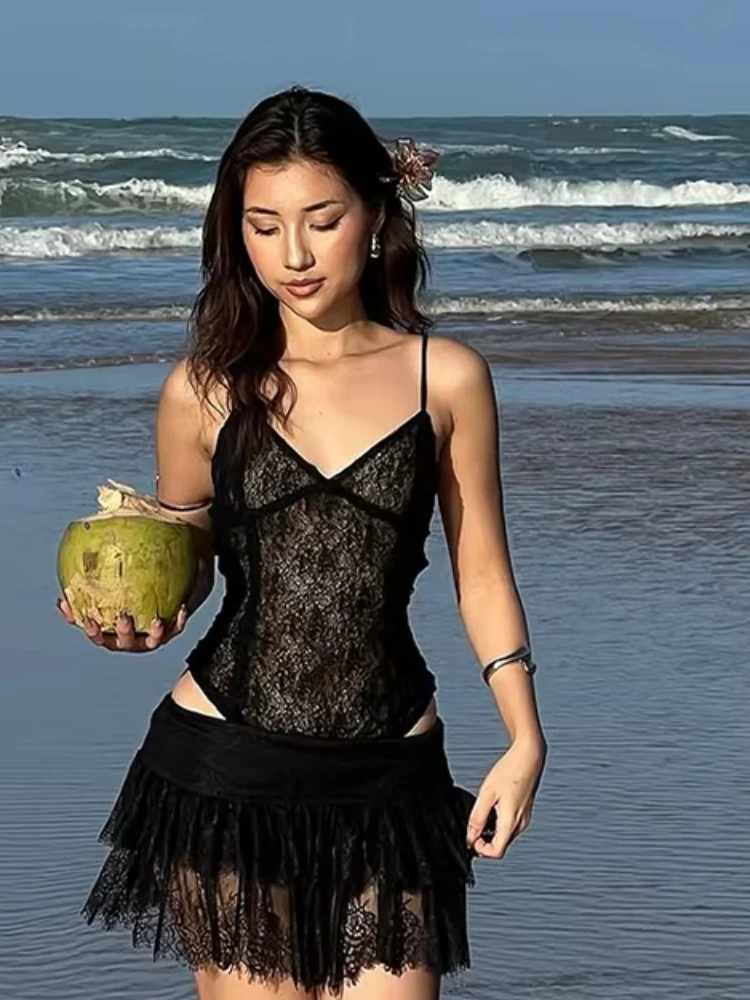 

InGrily Sexy Lace Two-Piece Set Women See Through Sleeveless Bodysuit+Patchwork Mini Skirt Midnight Beach Party Matching Suit