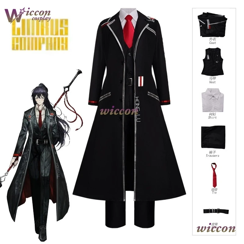 

Wuhu/ Game Limbus Company Hong Lu Cosplay Costume Black Cloak Uniform Role Play Wig Adult Men Halloween Carnival Christmas