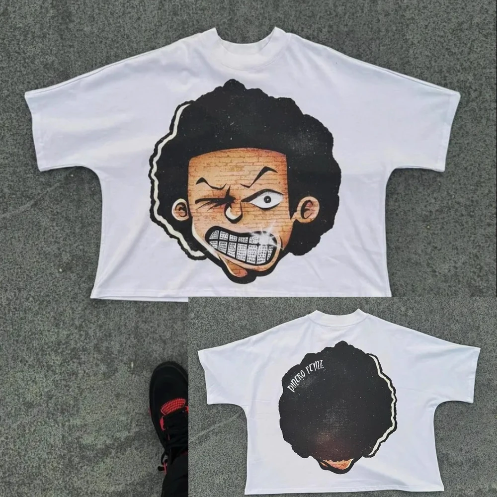 

American Fashion Goth Big Head Cartoon Print Oversized T-Shirt Men's Y2K Street Hip-Hop Harajuku Loose Casual Couple Clothes