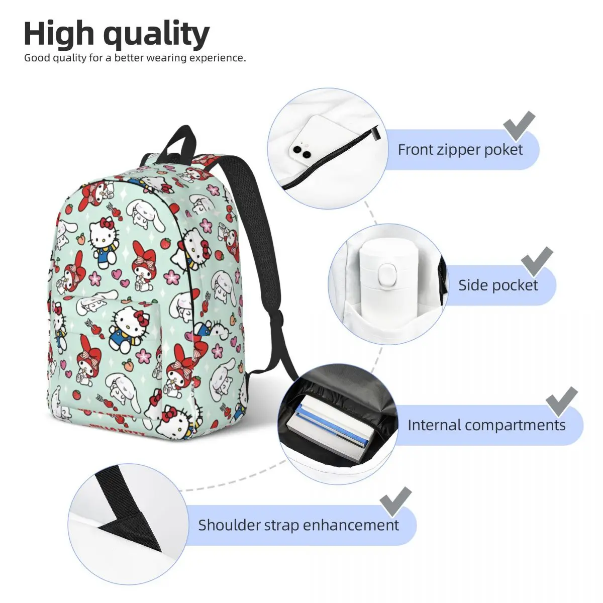Hello Kitty And Friends Backpack Female Polyester College Backpacks Anime Y2k Kawaii Big Funny School Bags Rucksack image 5