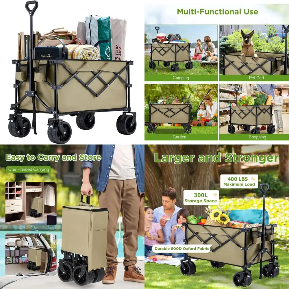 รถเข็นชายหาดพับได้แบบหนัก รับน้ำหนักได้ 400 ปอนด์ ล้อใหญ่สำหรับทราย รถเข็นพับได้สำหรับการผจญภัยกลางแจ้ง