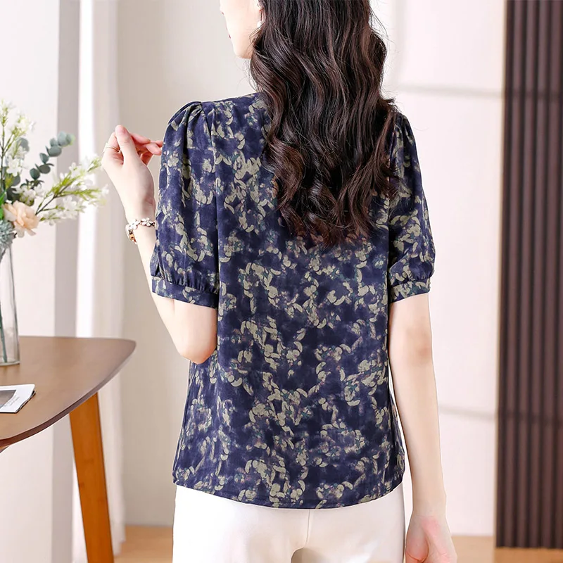 Women Vintage Floral Printing Short Sleeve Blouse Summer Fashion Loose All-match Chiffon Shirts Office Lady Elegant O-neck Tops