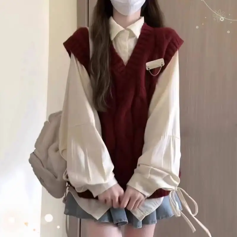 

2025 Autumn Winter Women Knitting Sweater Vest White Shirts Two Piece Set Preppy Shirt Knit Sweater Vest Layered Outfit