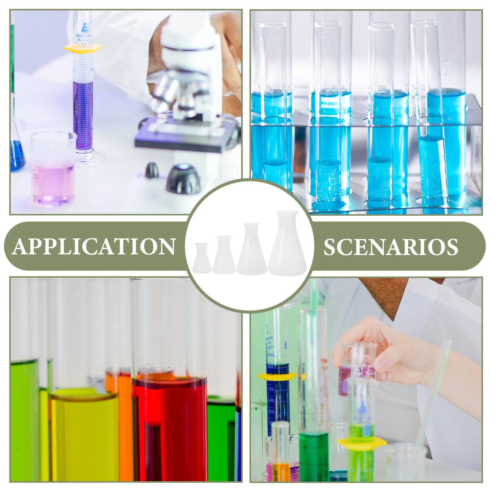 Juego de 4 Frascos Cónicos de Laboratorio de Química, Frascos Erlenmeyer Transparentes con Escala, Capacidad Estándar para Experimentos Estudiantiles, Material de Vidrio