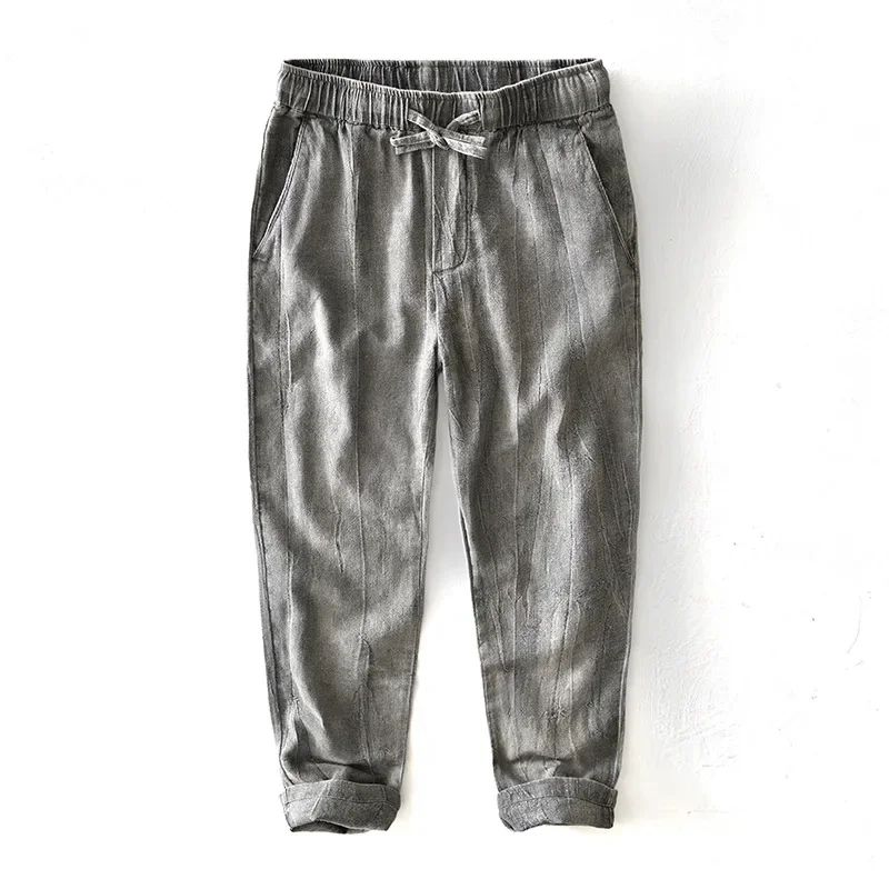 

Летние мужские брюки в японском ретро-стиле, хлопковые льняные брюки с плиссировкой, мужские брюки на шнурке с эластичным поясом, укороченные, дышащие, для пляжа