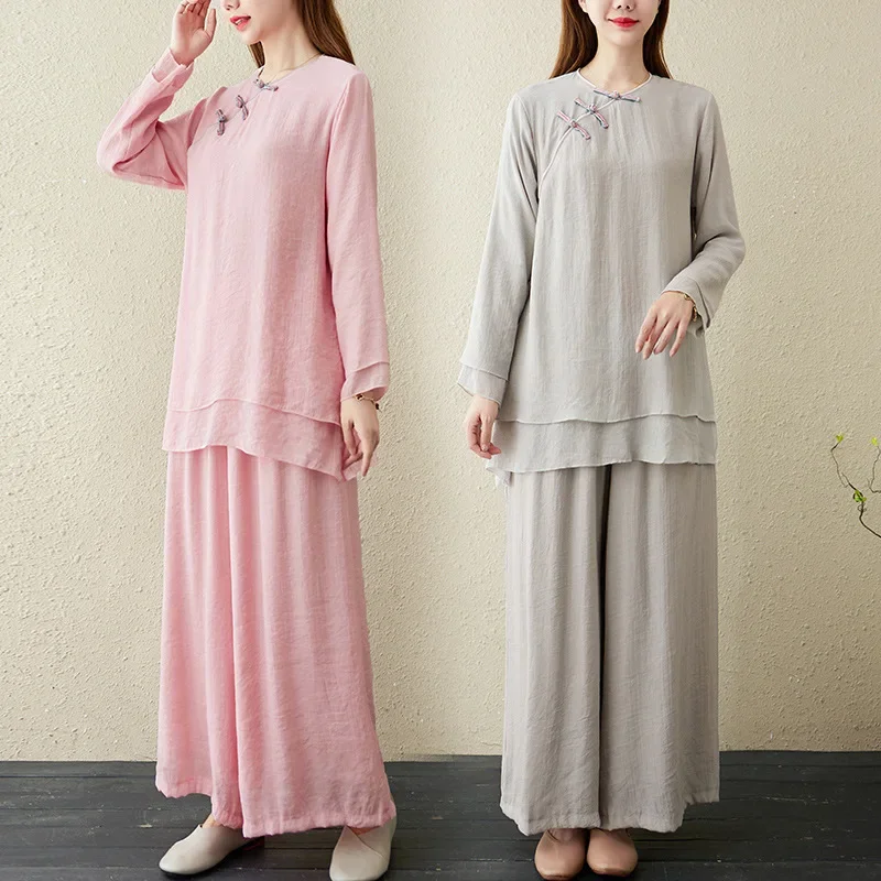 Spring Autumn Long Sleeve Top Wide Leg Pants 2PCS Lay Buddhist Meditation Tea Zen Clothing Women Chinese Style Yoga Uniform