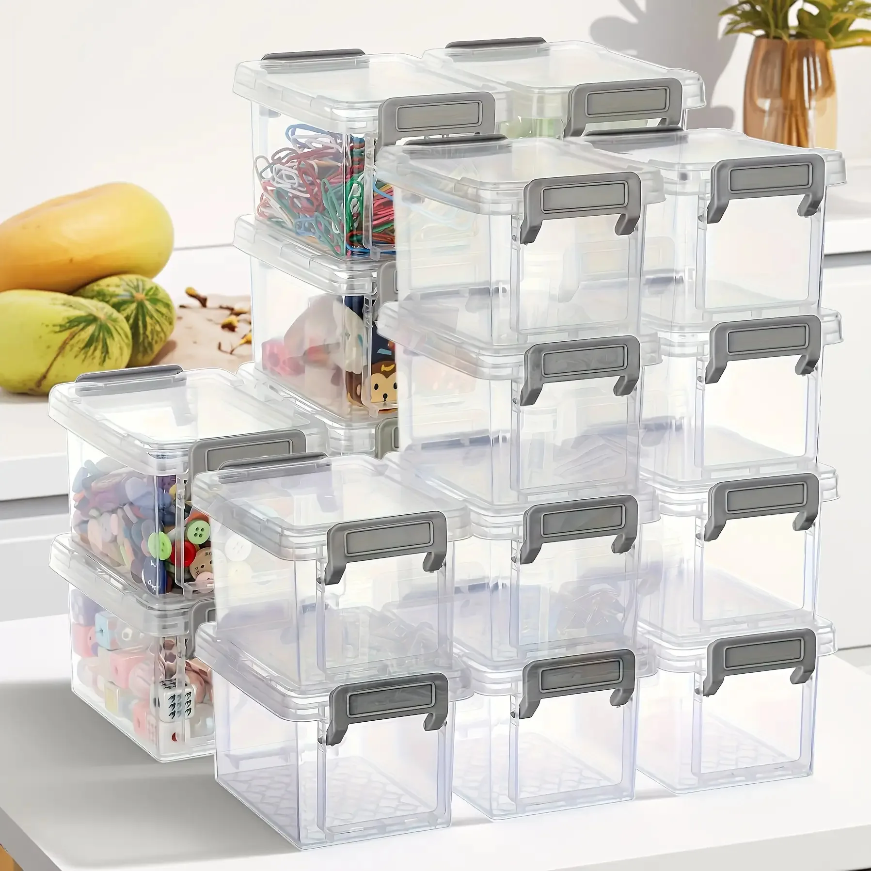 10 Transparent Plastic Storage Boxes with Gray Clasp - Stackable Small Organizer Bins for Craft... product image