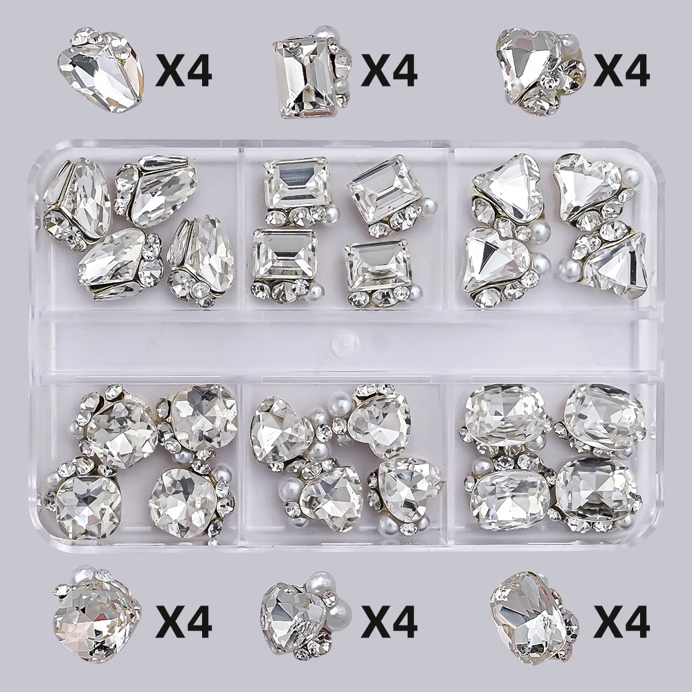 24Pcs Luxury Ice-Transparent Pile Nail Art Rhinestone Super-Shinying Heart/Square/Oval Clear Nail Crystal DIY Alloy Pile Drill