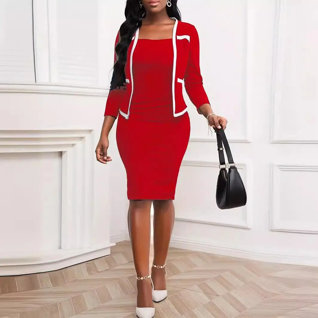 Women's Patchwork Hip Seven Quarter Sve Fake Piece Dr Polyester mid Waist Basic Sle Busin Suit Single Piece