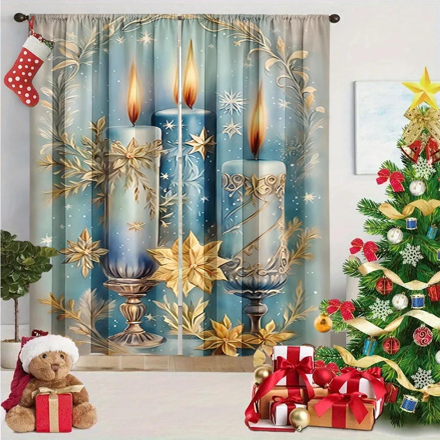 2PCS Christmas Winter Curtains, Christmas Candle Gold Floral Branch Blue, Digital Print, Bedroom Living Room, Home Decor