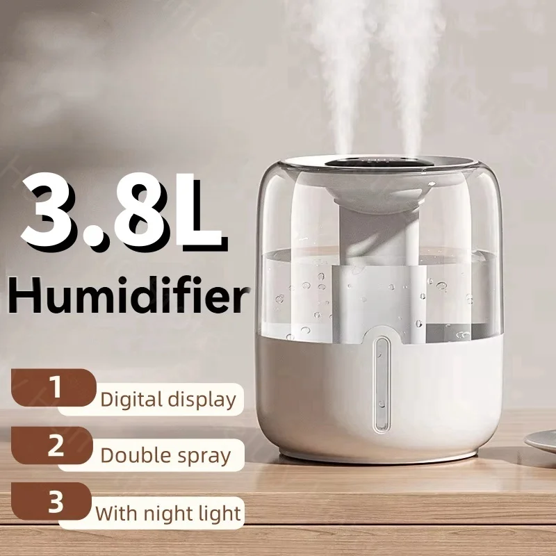 Humidifier 3.8L Large Capacity Humidifier USB Dual Spray Home Office Bedroom Desktop with Night Light Digital Display
