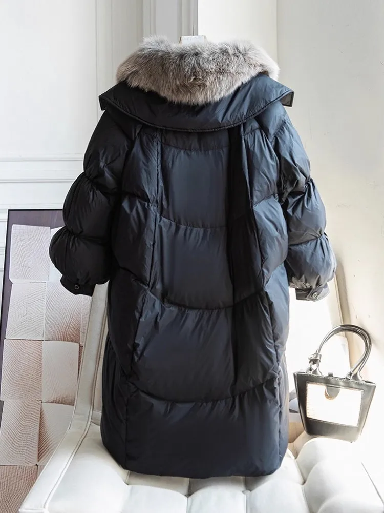 Chaqueta larga de invierno con cuello de piel de zorro para mujer, abrigo grueso y cálido para mujer, abrigo holgado de gran tamaño, cortavientos de diseñador