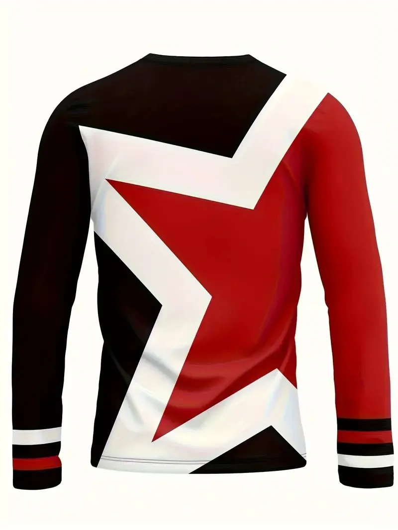تي شيرت رجالي جديد بأكمام طويلة لربيع وخريف 2025 كاجوال ومريح مع طباعة بنمط نجوم ثلاثية الأبعاد