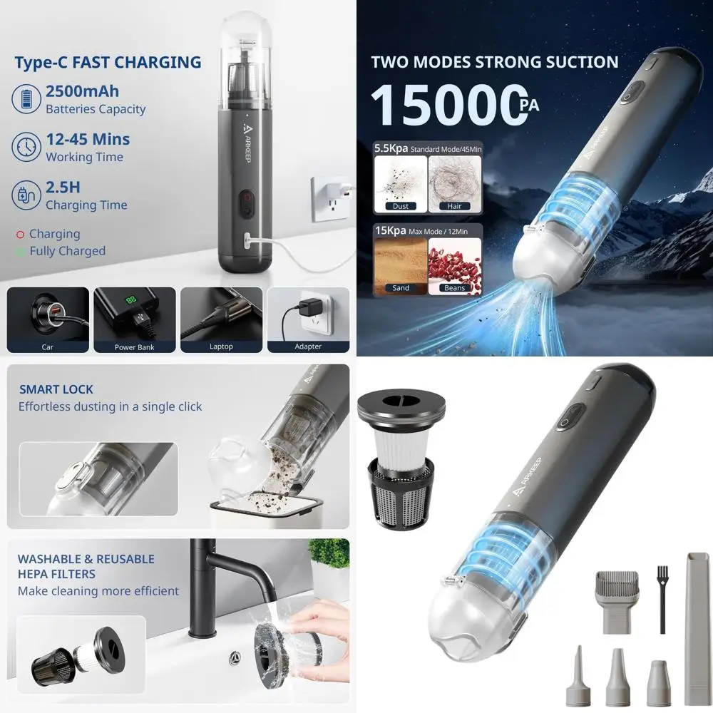 Aspirapolvere portatile senza fili 15KPa con filtro HEPA, 2 modalità, ricarica di tipo C, leggero per casa, auto, ufficio (grigio scuro)