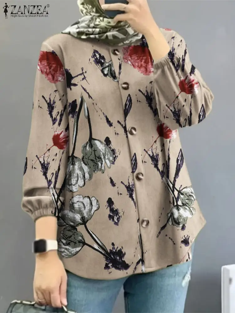 

Bohemian Muslim Blouse ZANZEA Women Autumn Puff Sleeve O-Neck Shirt Casual Buttons Down Tops Vintage Floral Printed Blusas Femme