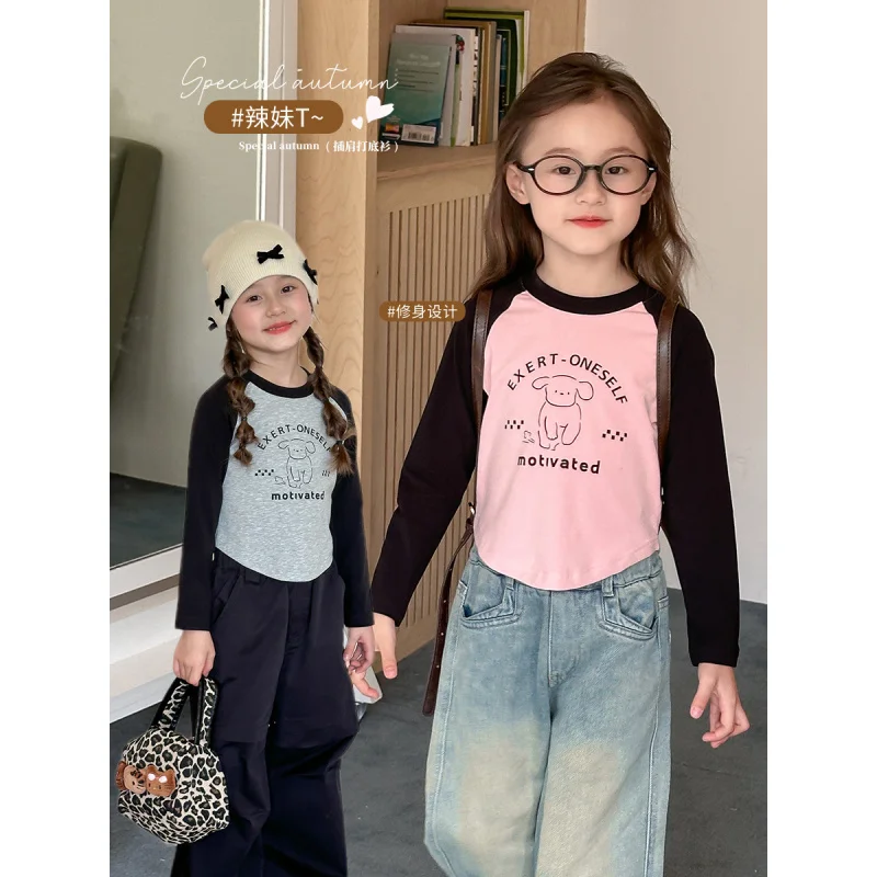 

Children's Clothing2024Autumn Girl Short Slim Long SleeveTT-shirt Hot Girl Cartoon Raglan Bottoming Shirt Top