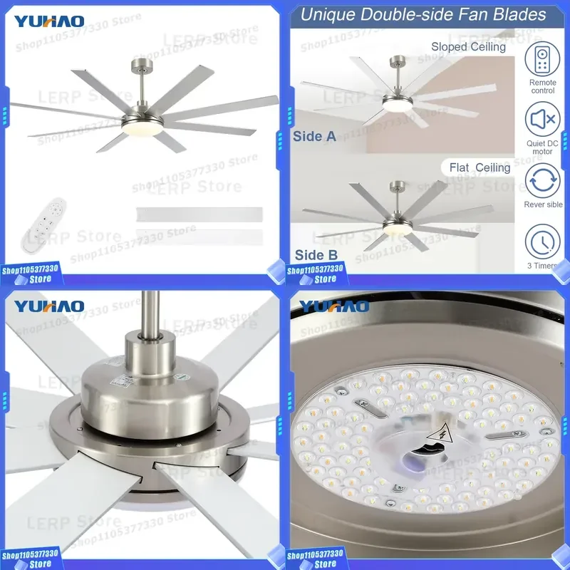 72 Inch Satin Nickel Ceiling Fan Chandelier 8 Blade Straight Design for Living Room Lobby Home Decor with Remote Control