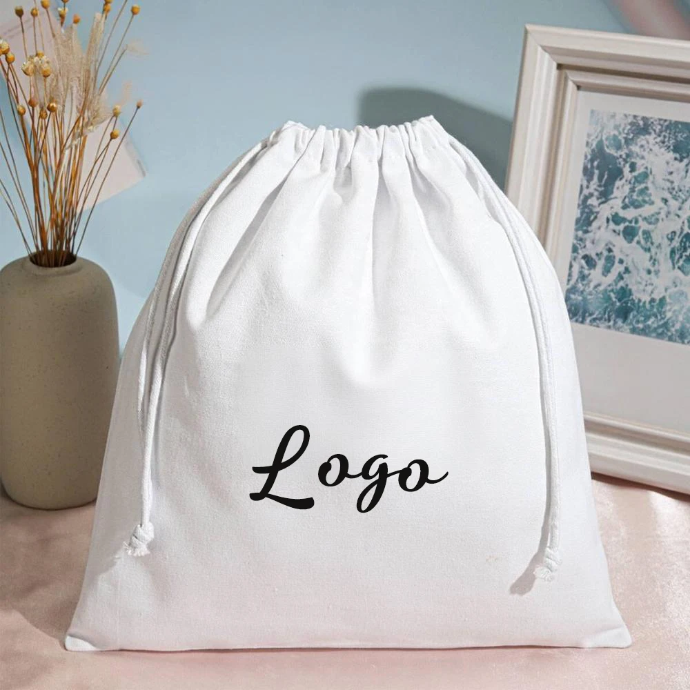 

50Pcs Custom Logo Printed Gift Black White Cotton Double String Handbag Shoe Dust Large Muslin Drawstring Bag for Handbag Candle