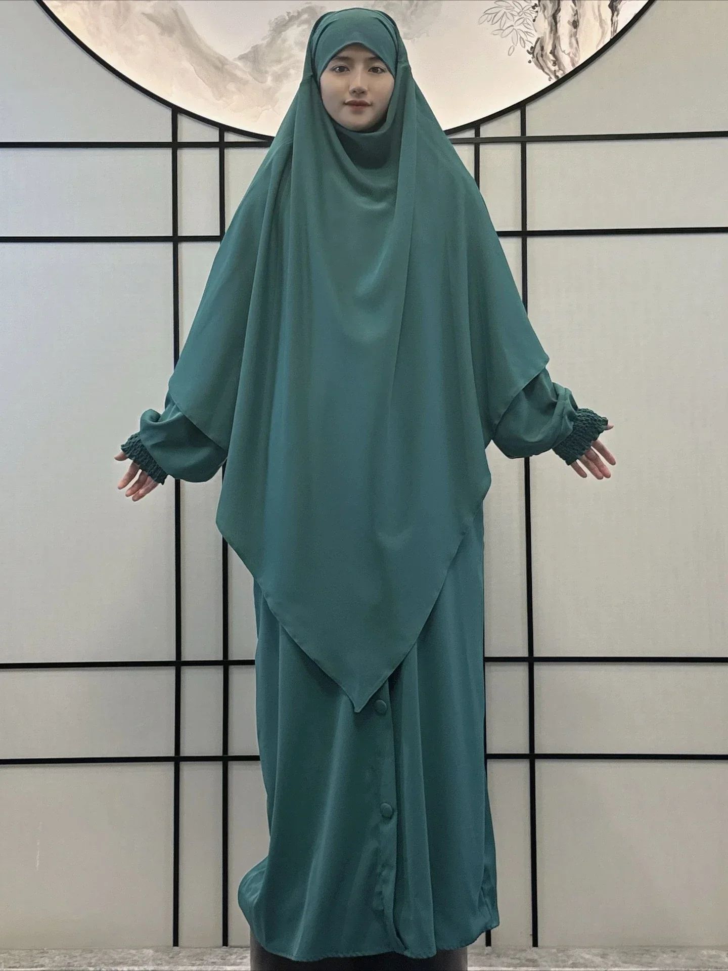 Moslim Vrouwen Gebed Jurk met Khimar Hijab 2-delige Set Eid Abaya Lange Gewaad Hoofddoek Islamitische Marokko Kaftan Vestidos Jalabiya