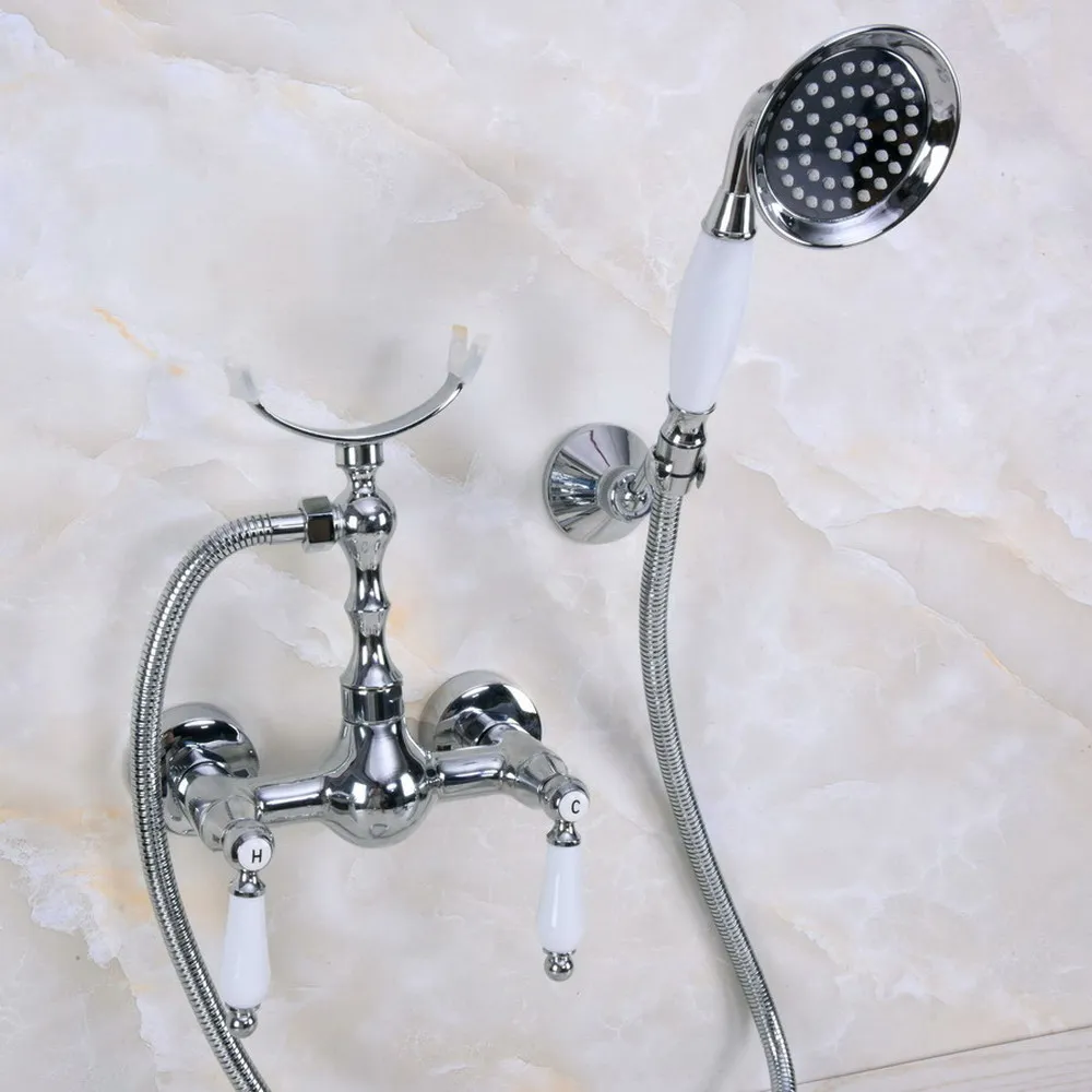 

Polished Chrome Bathroom Shower Faucet Bath Faucet Mixer Tap With Hand Shower Head Set Wall Mounted