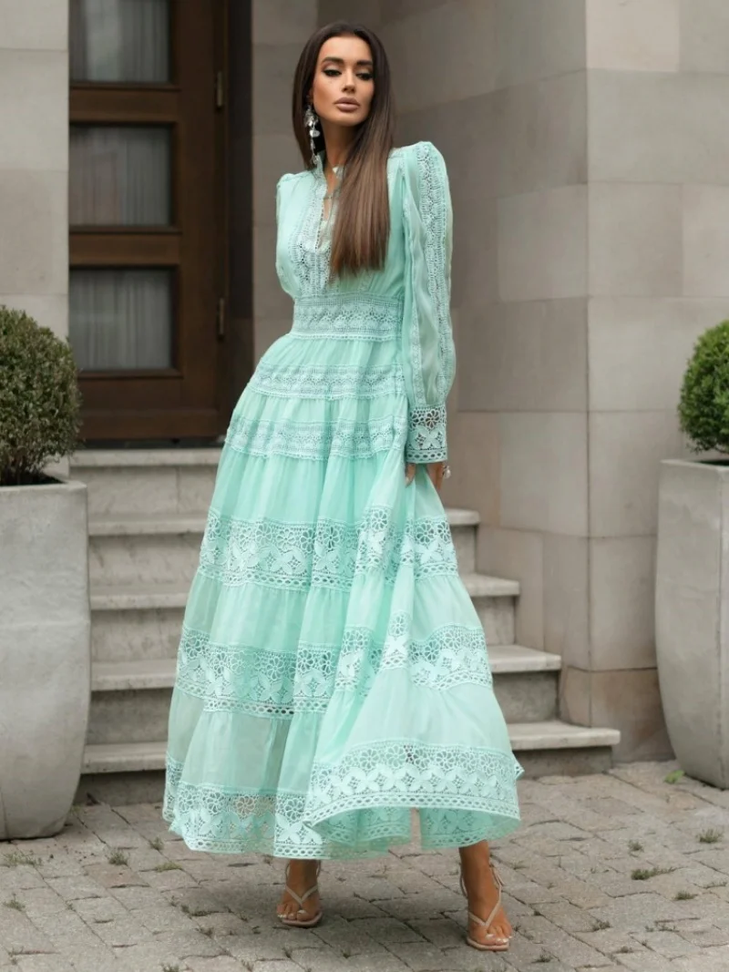 Elegant Hollow Out Embroidery Lace Splice Long Dress Autumn Clothes Women Lantern Sleeve Big Swing Dresses Prom Gown Party Dress
