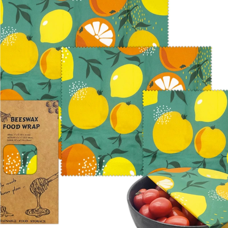 3PC/SET Environmental Organic Cotton Wax Cloth Replace Household Plastic Wrap Reusable and Washable Orange Pattern