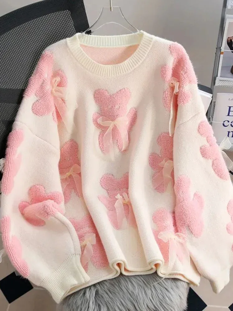 Jmprs Cute Bear Print Sweaters Women Lazy Wind Long Sleeve Bow Knitted Pullovers Korean Fashion Loose Female O Neck Sweet Tops