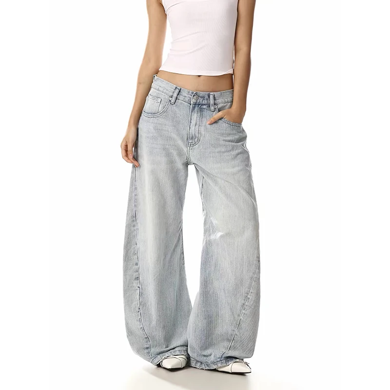 ZHIZOU Women Blue Rivet Denim Jeans Baggy Y2K Harajuku High Street Fashion 2000S Style Retro Wide Leg Jeans Long Pants Clothing