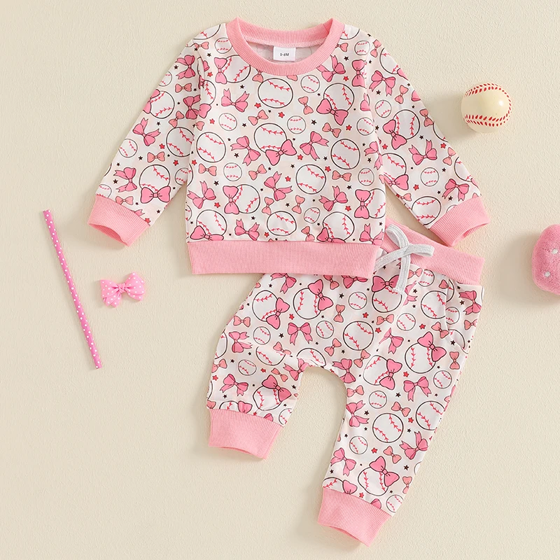 Roupa de 2 peças para bebês meninas, moletom com estampa de laço, manga comprida, gola redonda e calça de moletom com cintura elástica, roupas de outono