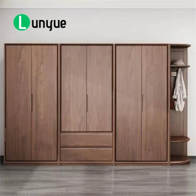 North American Black Walnut Solid Wood Wardrobe Light Luxury Bedroom Swing Door Closet with Top Cabinet Storage Furniture