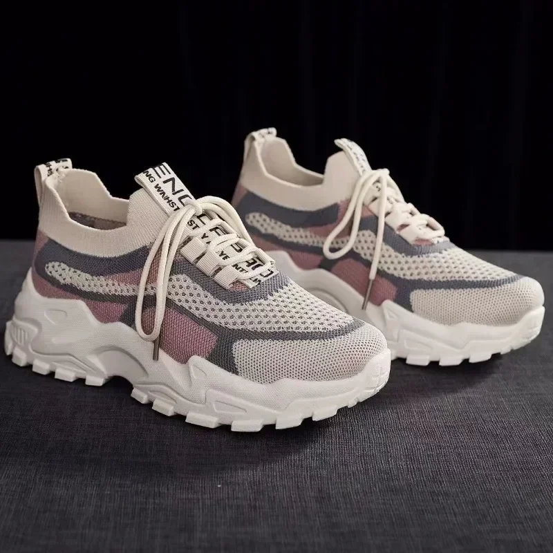 2024 New Fly Woven Mesh Casual Breathable Sneakers Korean Style Thick-Soled Daddy Shoes Mesh Red Shoes Light Running/ Shoes