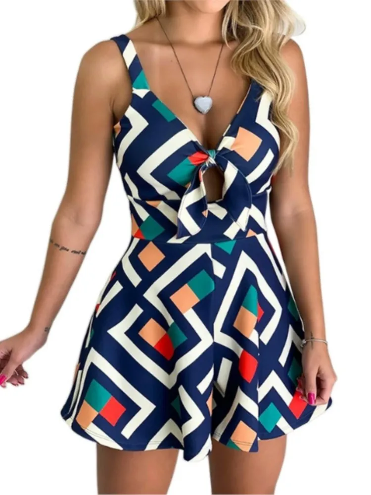 Nowy seksowny kombinezon z nadrukiem, z podwiązkami i kokardą, letnia moda, elegancki nadruk, casualowy kombinezon na wakacje i imprezy, odzież damska.