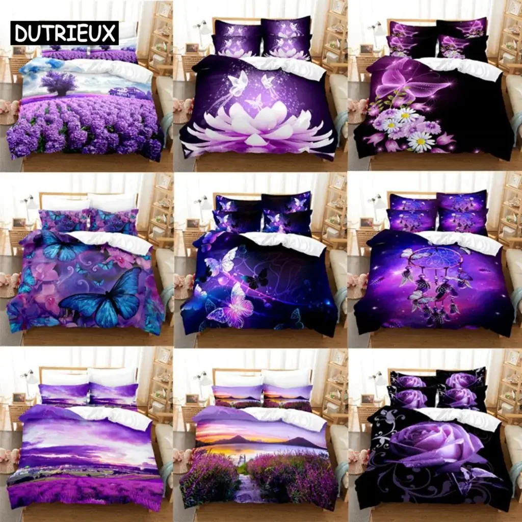 

Purple Bedding Set Linens Duvet Cover Bed Quilt Pillow Case 3D Comforter Lavender Butterfly Double Full King Queen Twin Single