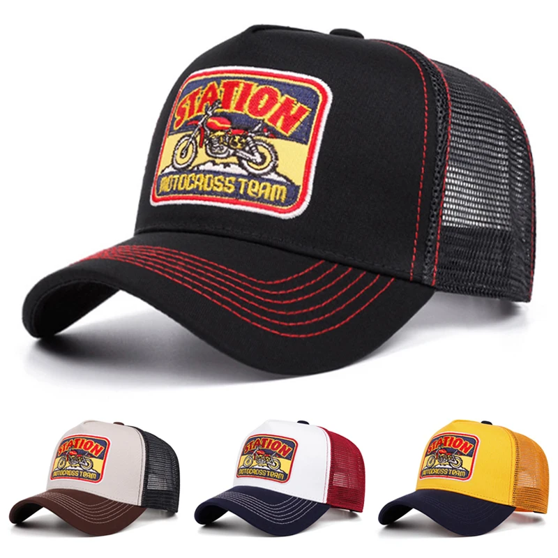 2026 New Mesh Hat Motorcycle Embroidery Truck Hat Outdoor Daily Commuter Decoration Sunshade Hat Unisex Baseball Hat Hip Hop Hat