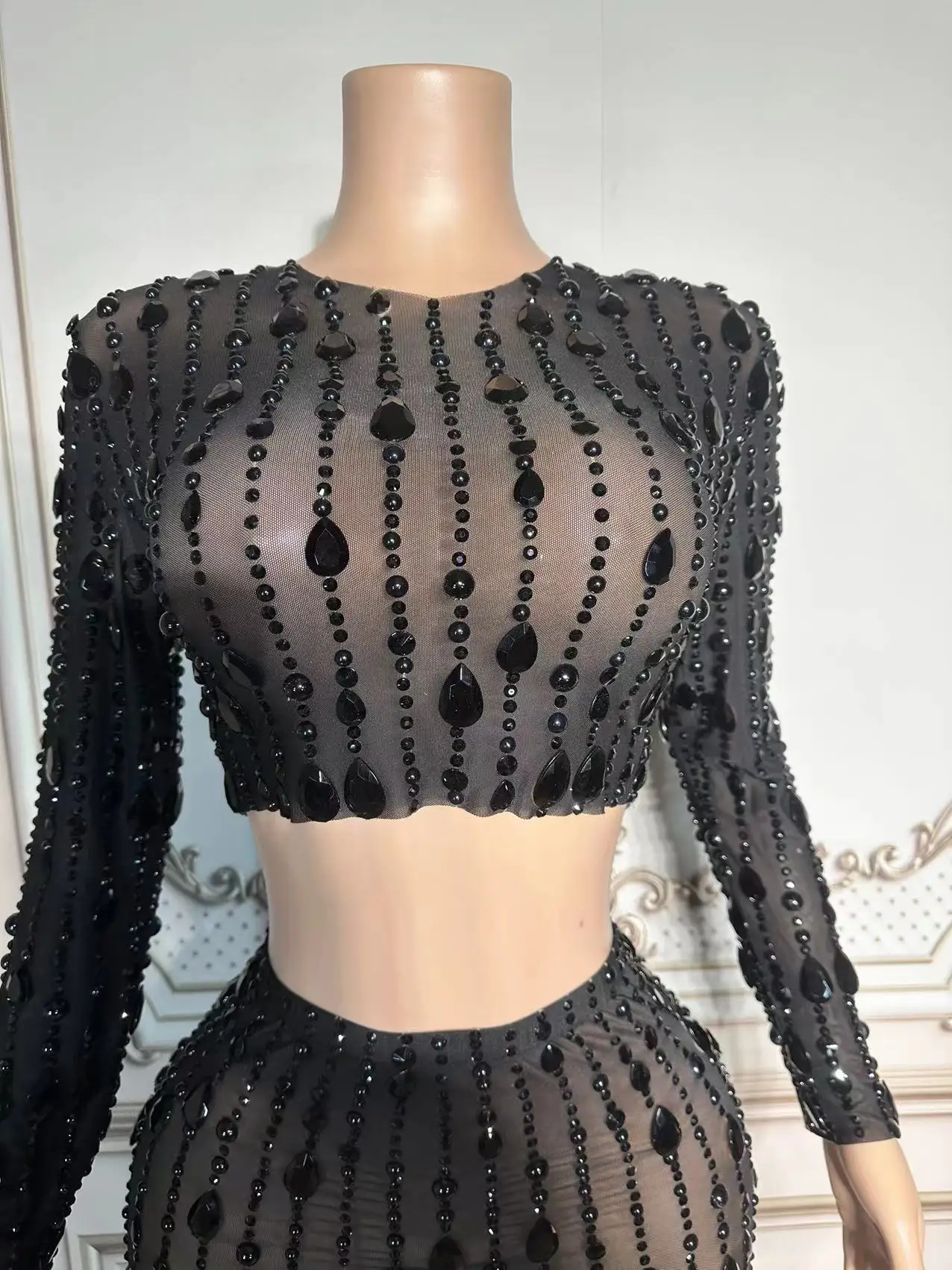 Black Rhinestones Mesh Transparent Long Sleeve 2 Pieces Set Outfit Evening Birthday Celebrate Top Skirt Dance Photography Dress