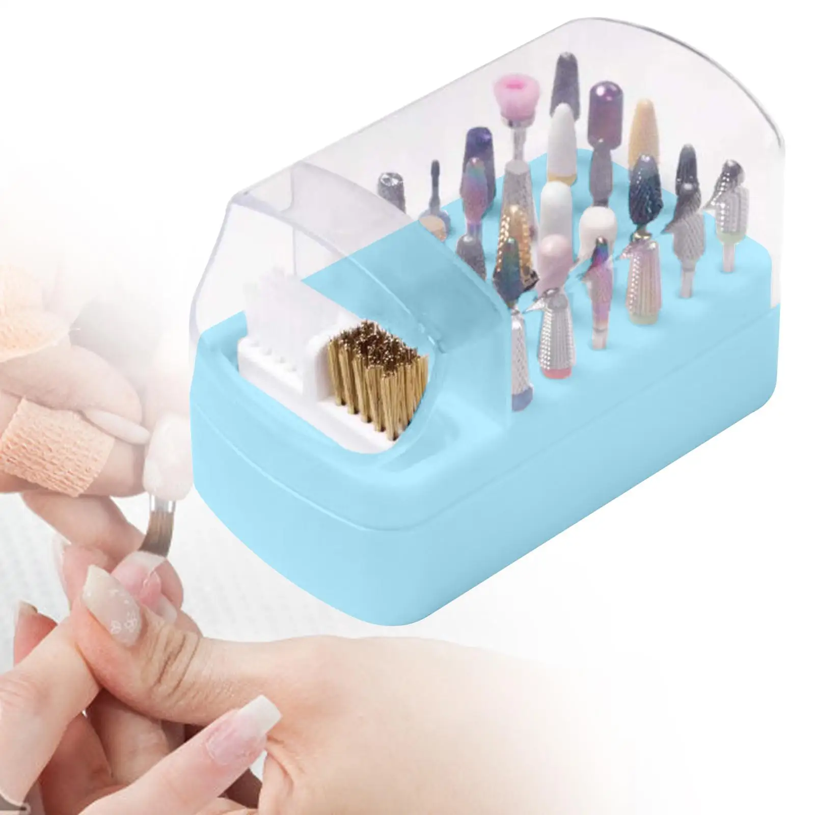 Portapunte per unghie antipolvere Scatola portaoggetti con coperchio trasparente Supporto per punte da trapano portatile con pennello per accessori per adesivi per nail art