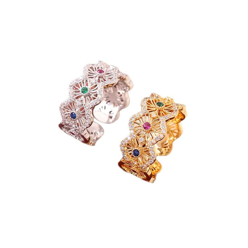 French retro palace style colored zircon open ring 18K gold-plated hollow flower shape light luxury high-end jewelry