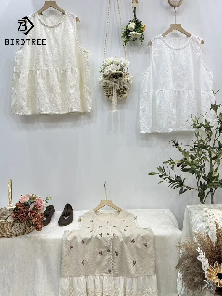 New 2026 Summer Women Cotton Vest, O Neck Sleeveless Lace Patchwork, Mori Girl Retro Sweet Commute Loose Doll Tank Top T65621CC
