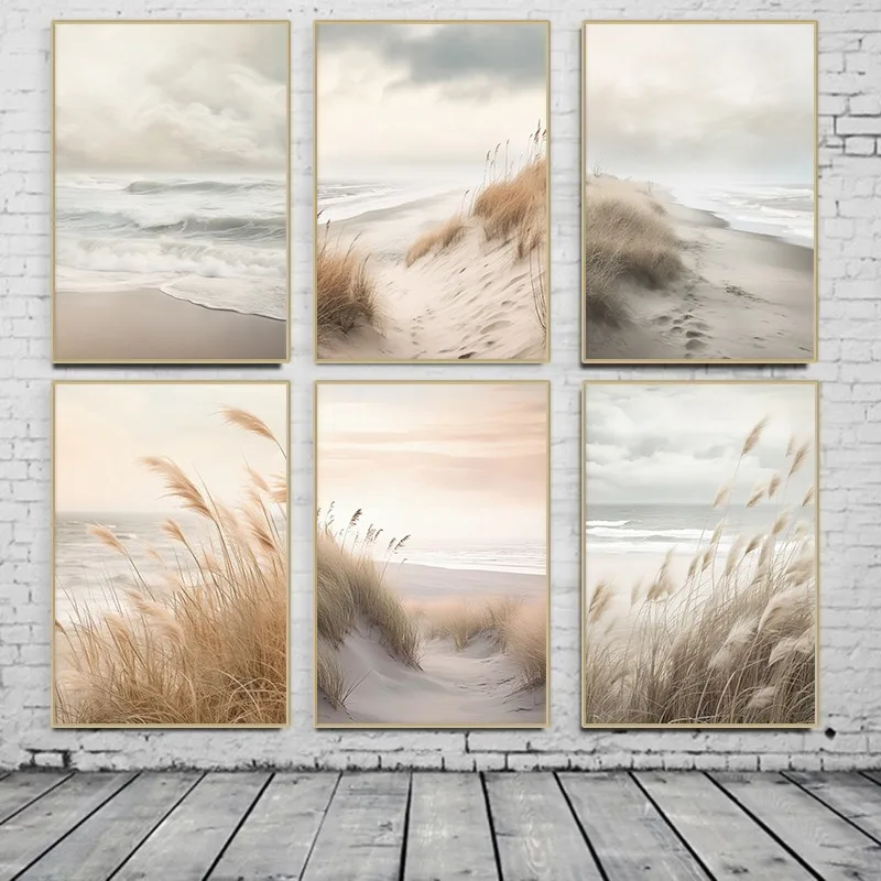 Neutral Coastal Ocean Dune Poster Print Beach Nautical Calm Landscape Canvas Painting Wall Art Living Room Home Decor Gift