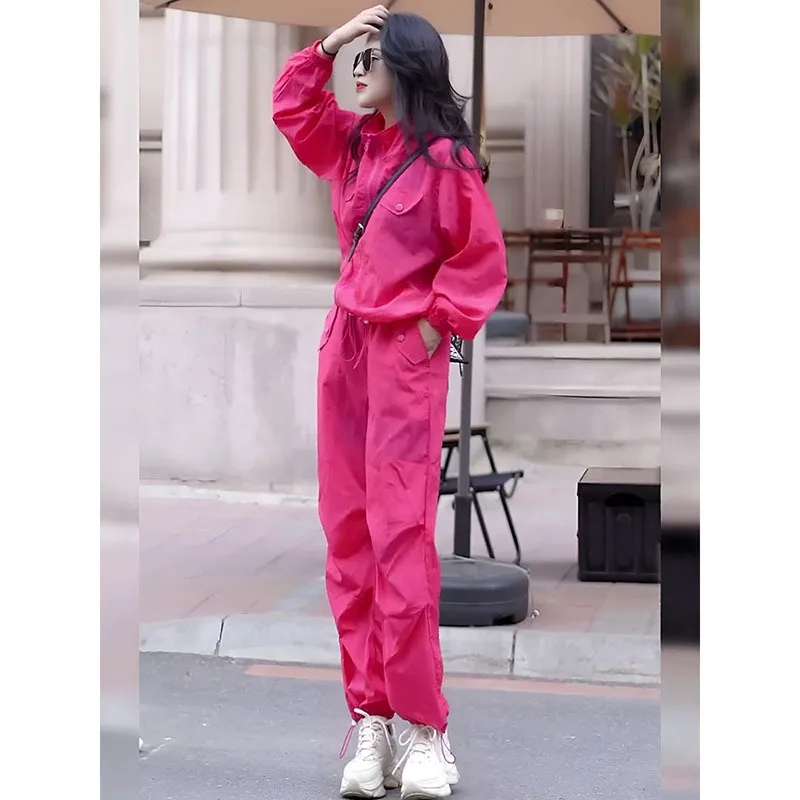 A Rose-red Casual Sportswear Set for Women's Outdoor Fitness, Running, Drawstring Jacket and Skinny Pants Complete Spring Outfit