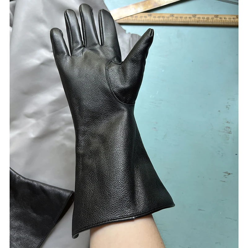 35cm men\'s cowhide gloves luxury thin lining and tight-fitting long driving motorcycle gloves