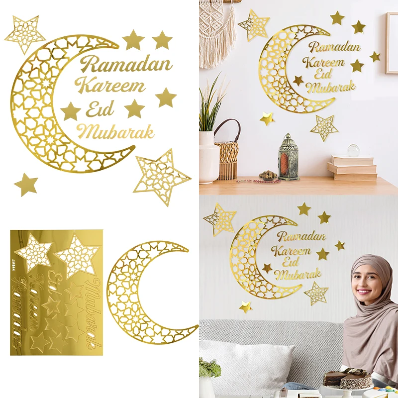 

Eid Mubarak Mirror Paste Moon Star Wall Stickers Gold And Silver Black Wall Decal Islam Ramadan Kareem Muslim Living Room Decor