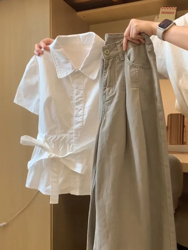 

Sweet Style Ruffle Sleeve T-Shirt Women's Summer New Slimming Effect White Collar Shirt Top Short Sleeve Knot Design